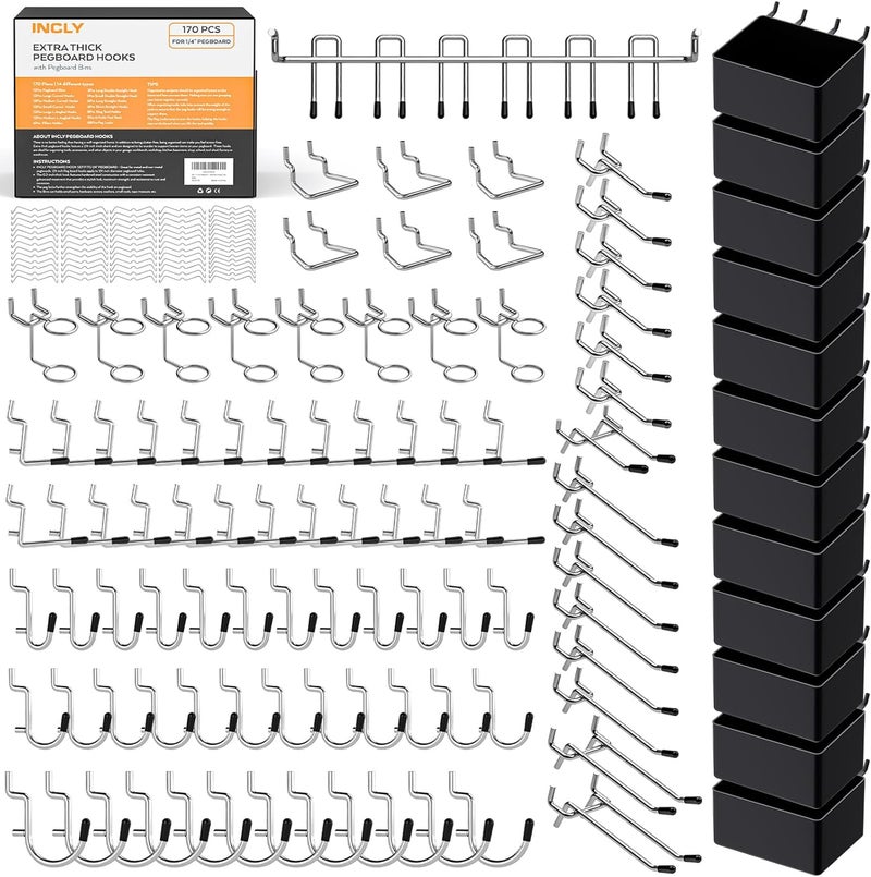 INCLY 170PCS 1/4 Inch Pegboard Hooks Kit, Extra Thick Heavy Duty Peg Board Organizer Accessories Assortment with Pegboard Bins & Peg Lock for Only 1/4" Pegboard Hanging Tools Garage Wall Attachment - Image 1